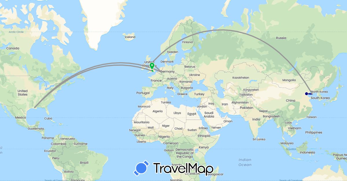 TravelMap itinerary: driving, bus, plane in China, Germany, United Kingdom, United States (Asia, Europe, North America)